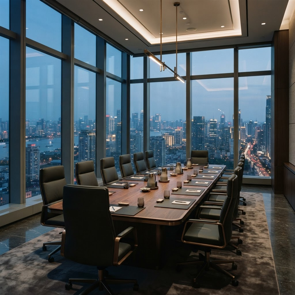 Refined international boardroom in a modern glass tower at dusk