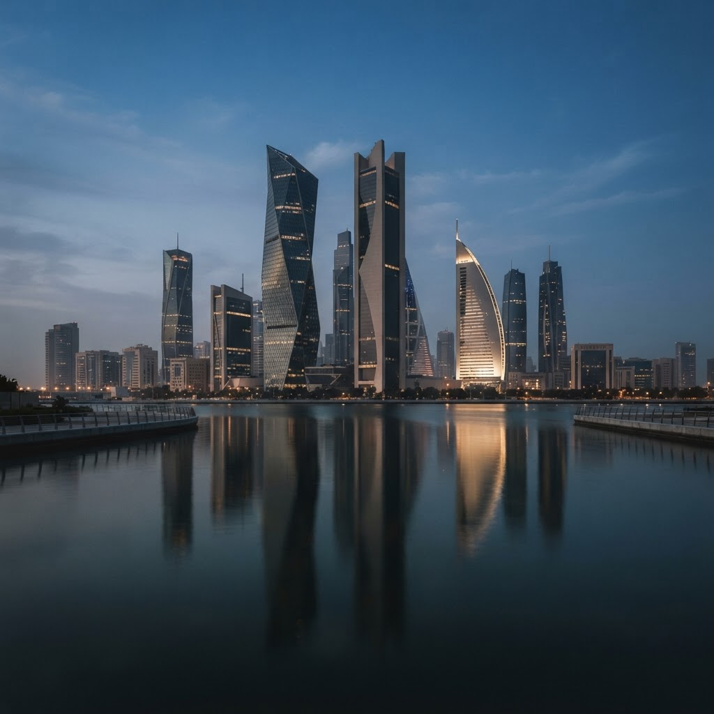 Modern Gulf skyline reflected in calm water at blue hour