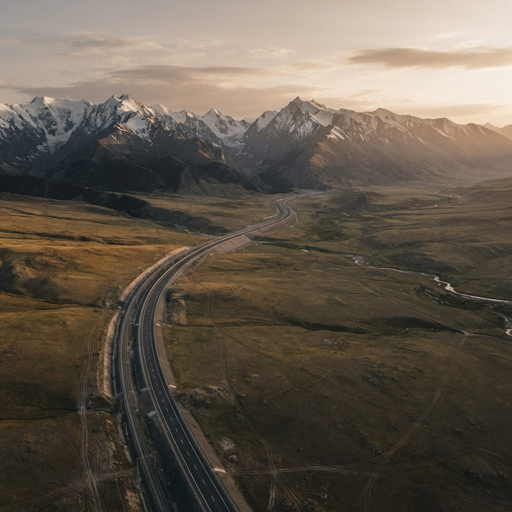 Aerial view of a modern transport corridor cutting through the mountains and steppe of Central Asia at golden hour