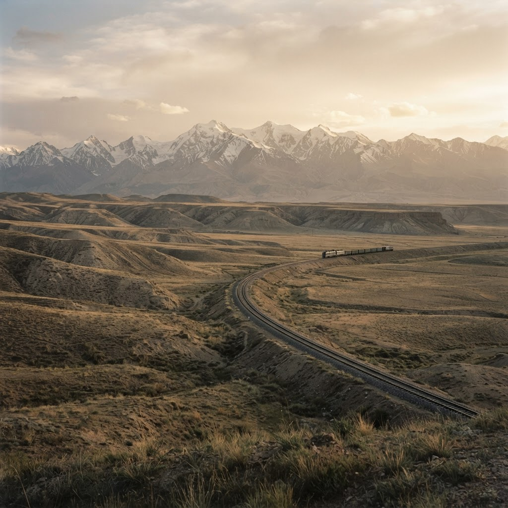 Central Asian landscape with a trade corridor stretching toward distant mountains