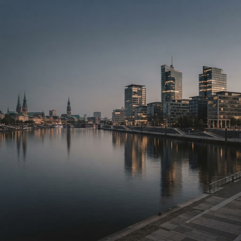 Modern European financial district beside a historic city skyline at dusk