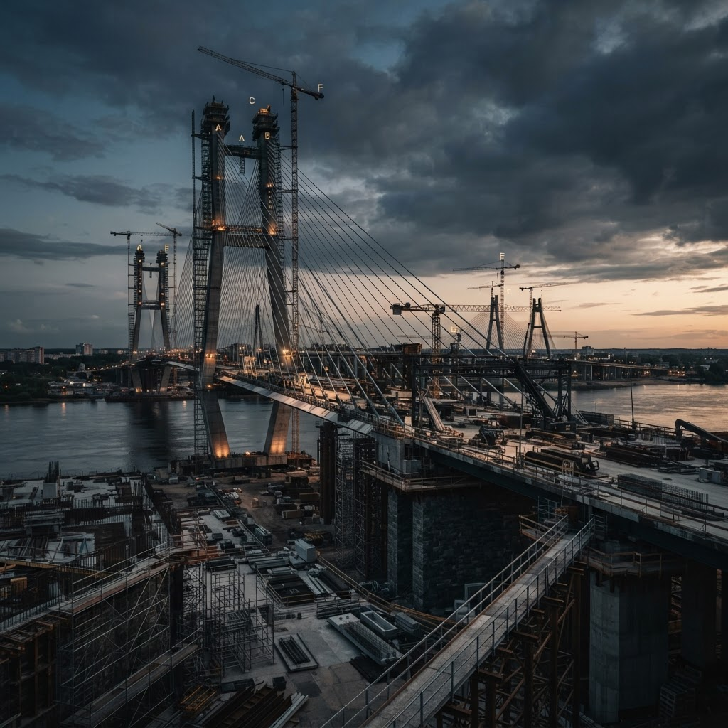 Major infrastructure construction against a dramatic sky at dusk