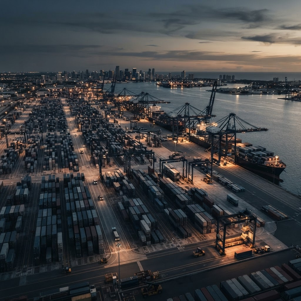 Aerial view of a modern international shipping and logistics port at dusk
